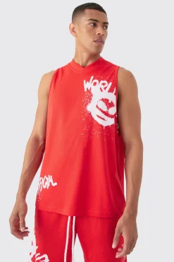 Oversized Mesh Worldwide Graffiti Tank | UK^boohooMAN Best