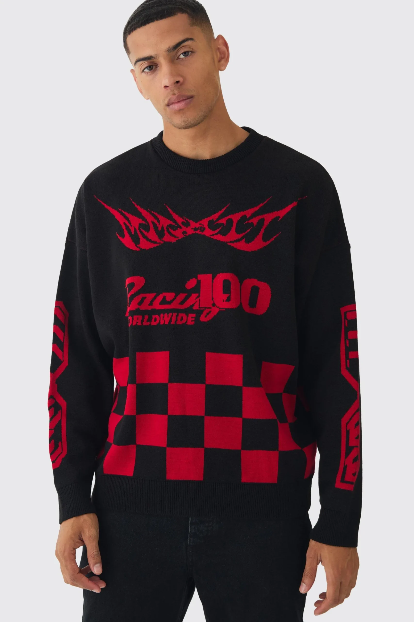 boohooMAN Oversized Moto Graphic Jumper In | UK| Knitwear