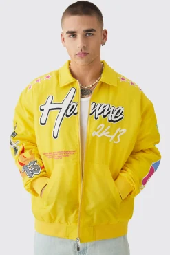 boohooMAN Oversized Multi Badge Nylon Varsity Bomber Jacket In | UK| Coats & Jackets