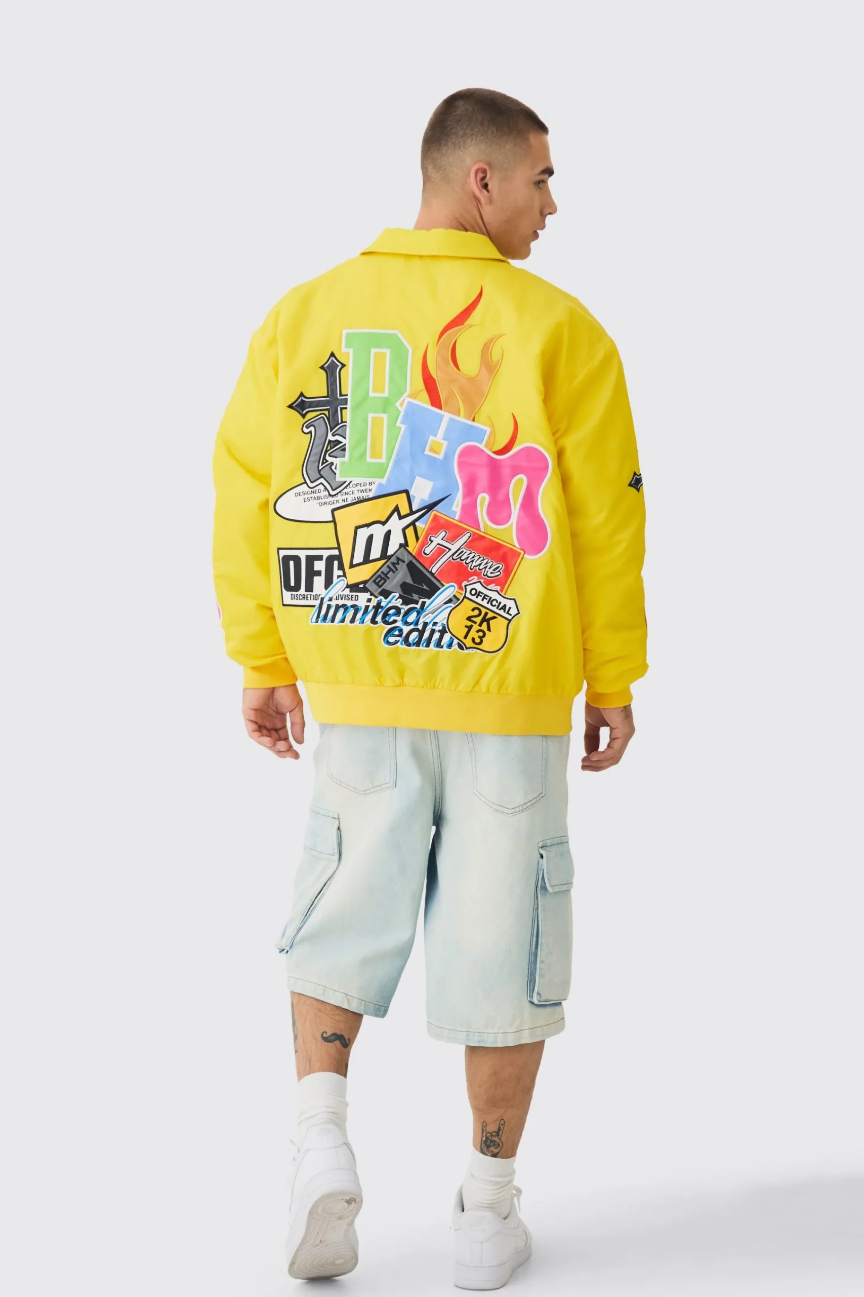 boohooMAN Oversized Multi Badge Nylon Varsity Bomber Jacket In | UK| Coats & Jackets