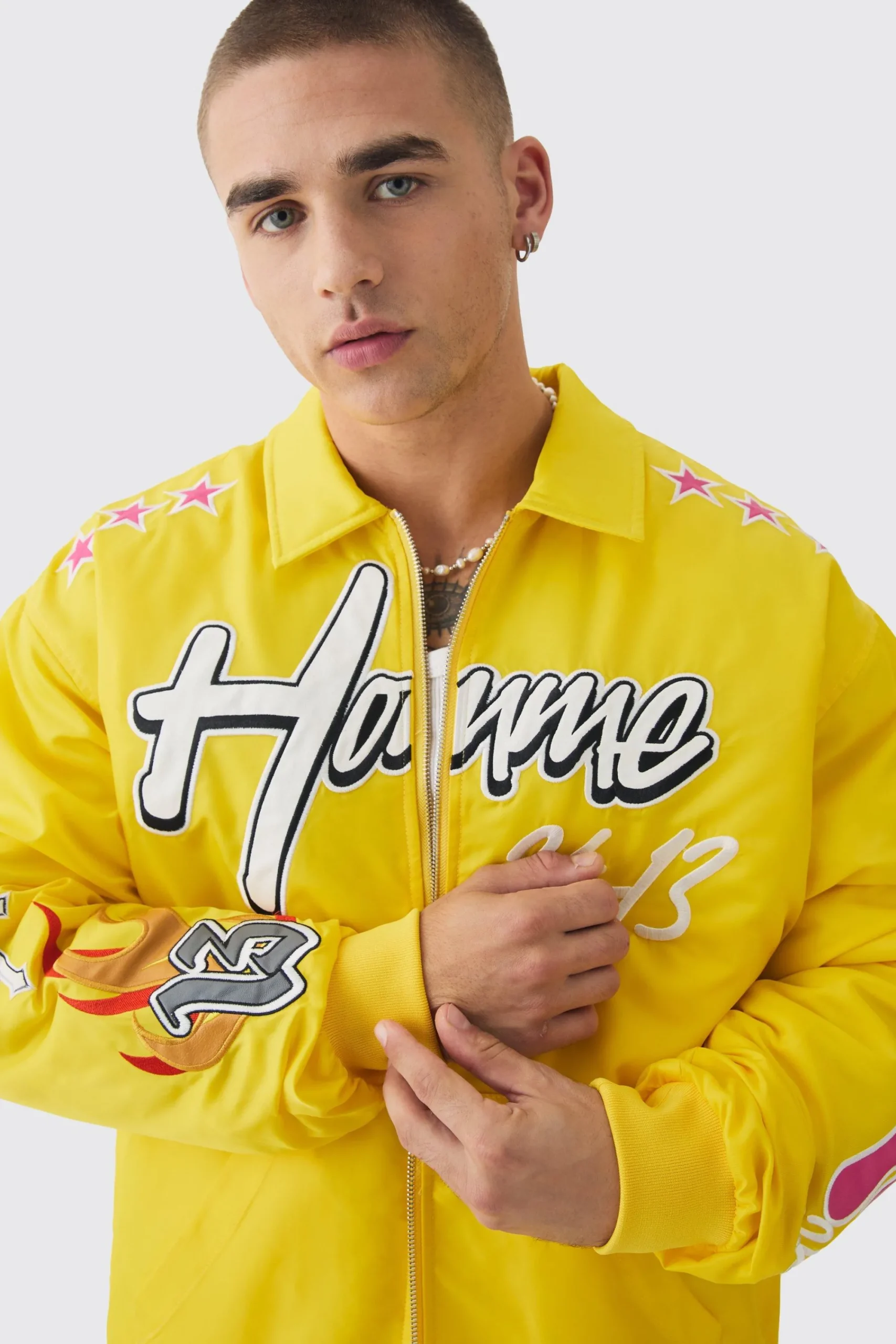 boohooMAN Oversized Multi Badge Nylon Varsity Bomber Jacket In | UK| Coats & Jackets