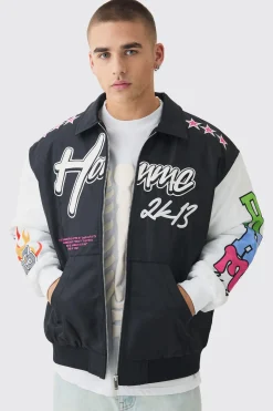 boohooMAN Oversized Multi Badge Nylon Varsity Bomber Jacket In | UK| Coats & Jackets