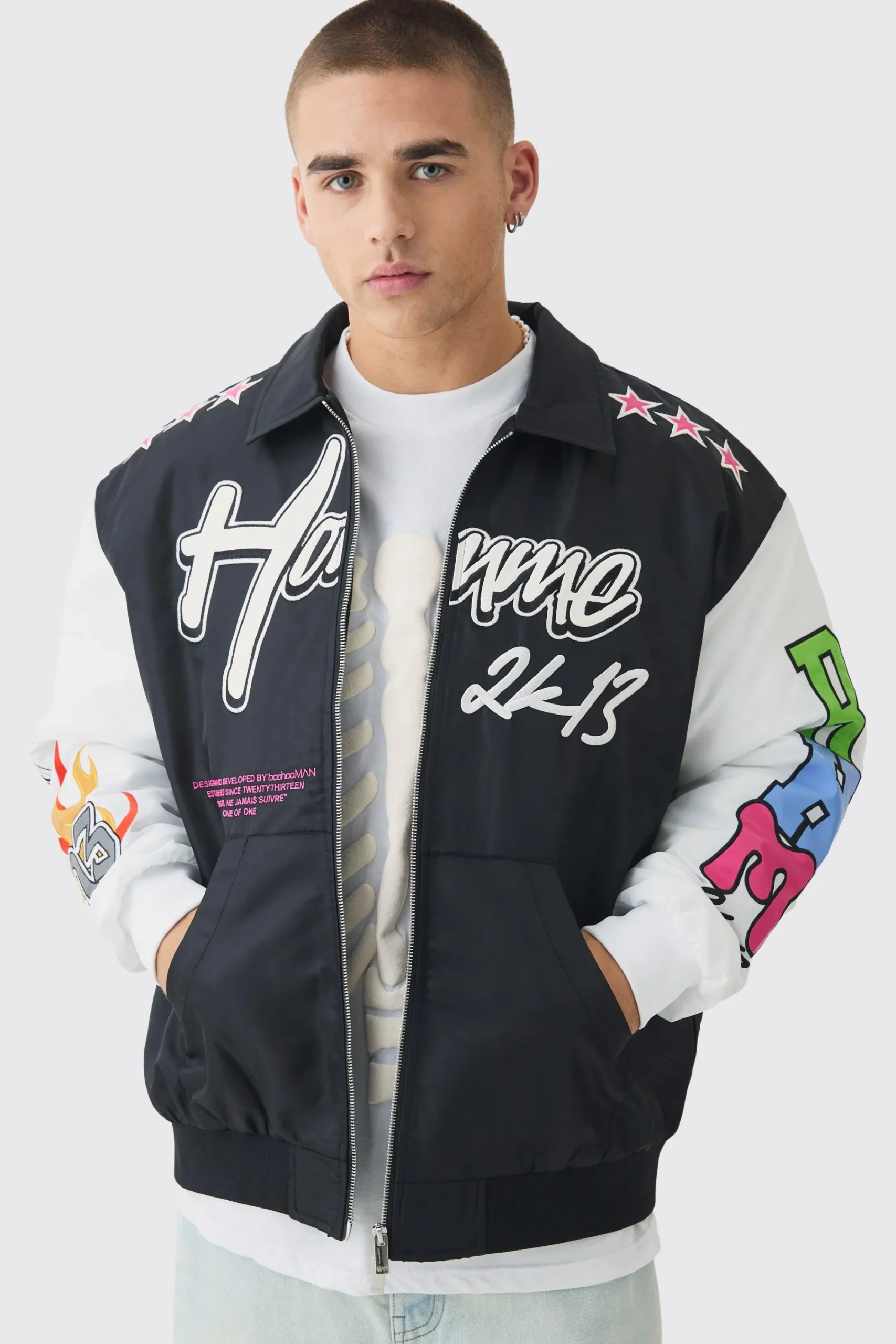 boohooMAN Oversized Multi Badge Nylon Varsity Bomber Jacket In | UK| Coats & Jackets