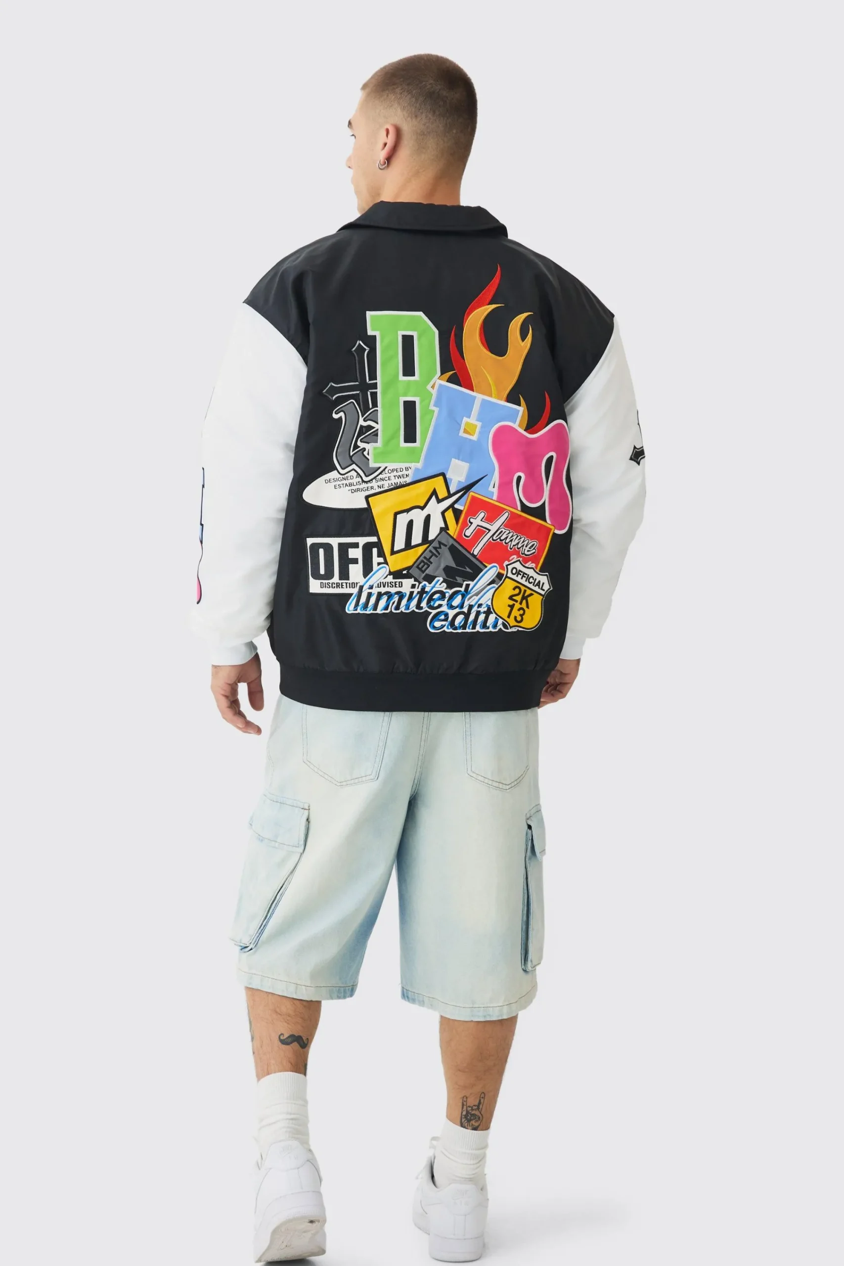 boohooMAN Oversized Multi Badge Nylon Varsity Bomber Jacket In | UK| Coats & Jackets