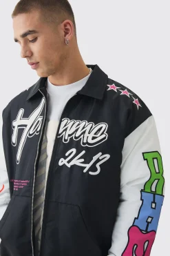 boohooMAN Oversized Multi Badge Nylon Varsity Bomber Jacket In | UK| Coats & Jackets