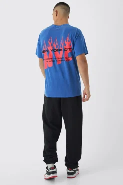 Oversized NYC Washed Flame Back Print T-Shirt | UK^boohooMAN Hot