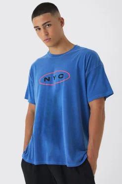 Oversized NYC Washed Flame Back Print T-Shirt | UK^boohooMAN Hot
