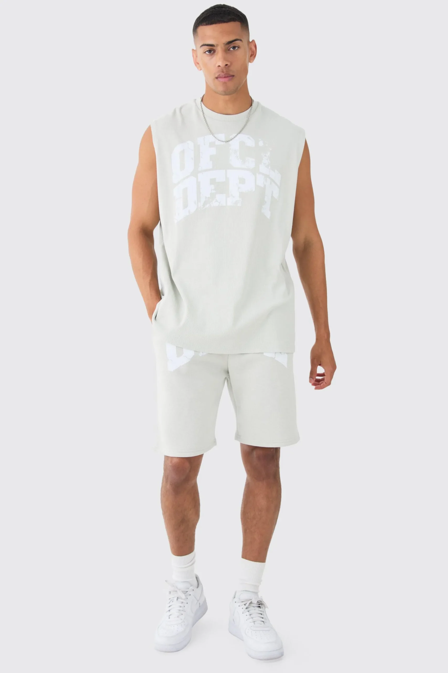 Oversized OFCL Dept Rib Printed Tank & Shorts Set | UK^boohooMAN Hot