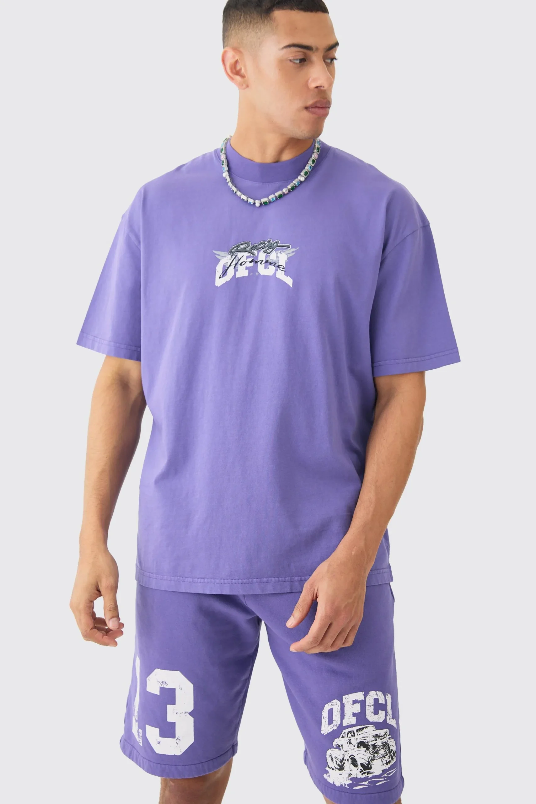 boohooMAN Oversized Ofcl Racing Washed T-shirt & Long Length Shorts | UK| Sets & Co-Ords|Tracksuits