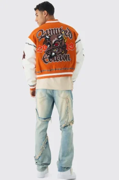 boohooMAN Oversized Ofcl Rose Varsity Jacket In | UK| Coats & Jackets