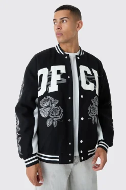 boohooMAN Oversized OFCL Rose Varsity Jacket In | UK| Coats & Jackets