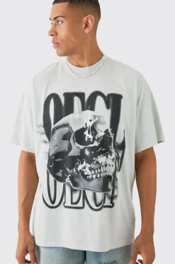 Oversized OFCL Skull Print Wash T-shirt | UK^boohooMAN Best