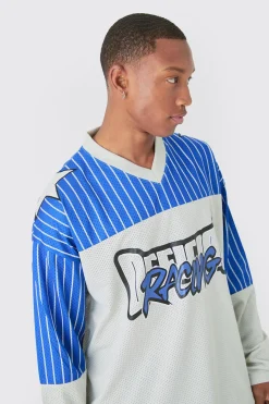 Oversized Official Racing Stripe Long Sleeve Varsity Mesh Top | UK^boohooMAN New