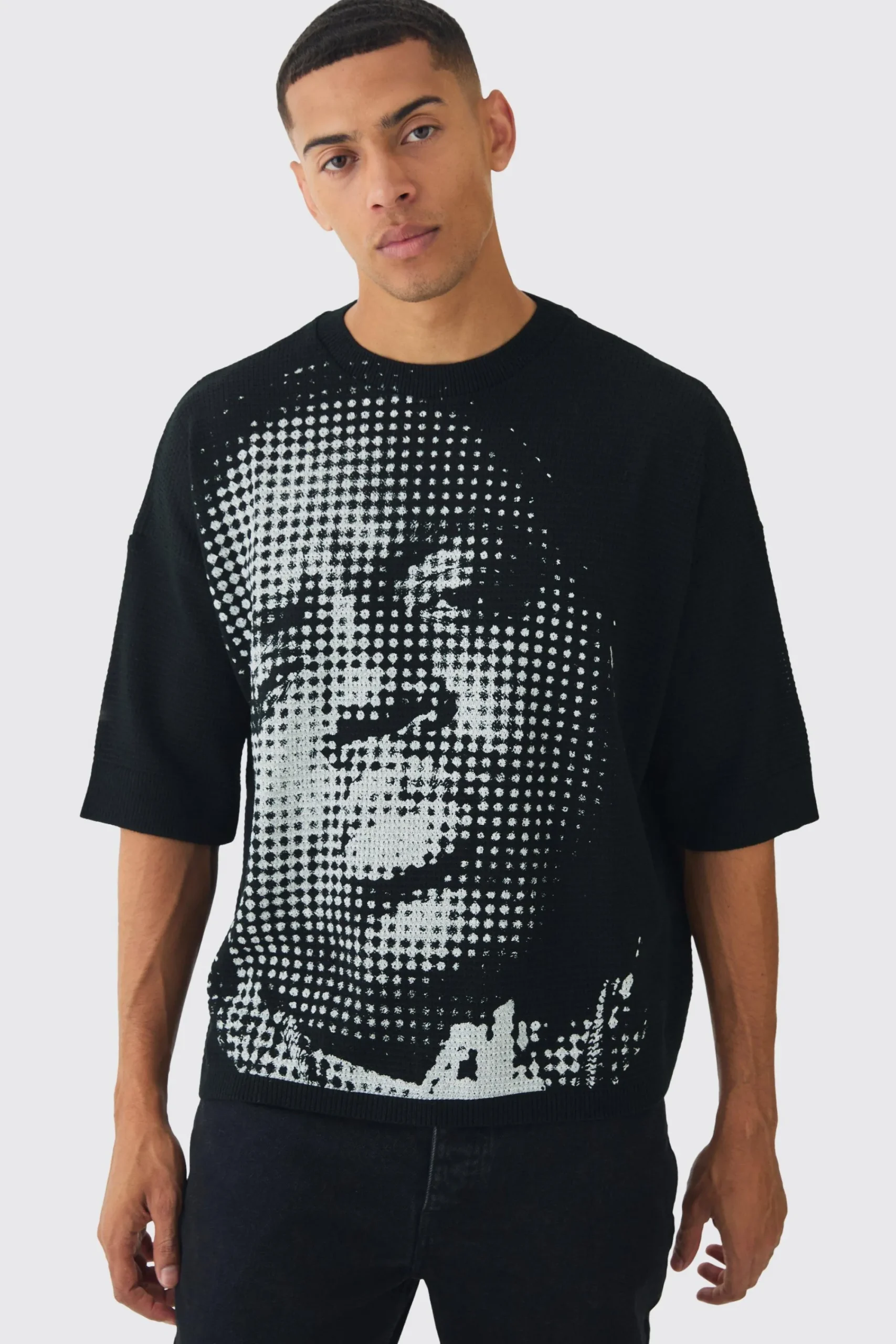 Oversized Open Stitch Biggie License Printed Knitted T-shirt | UK^boohooMAN Online