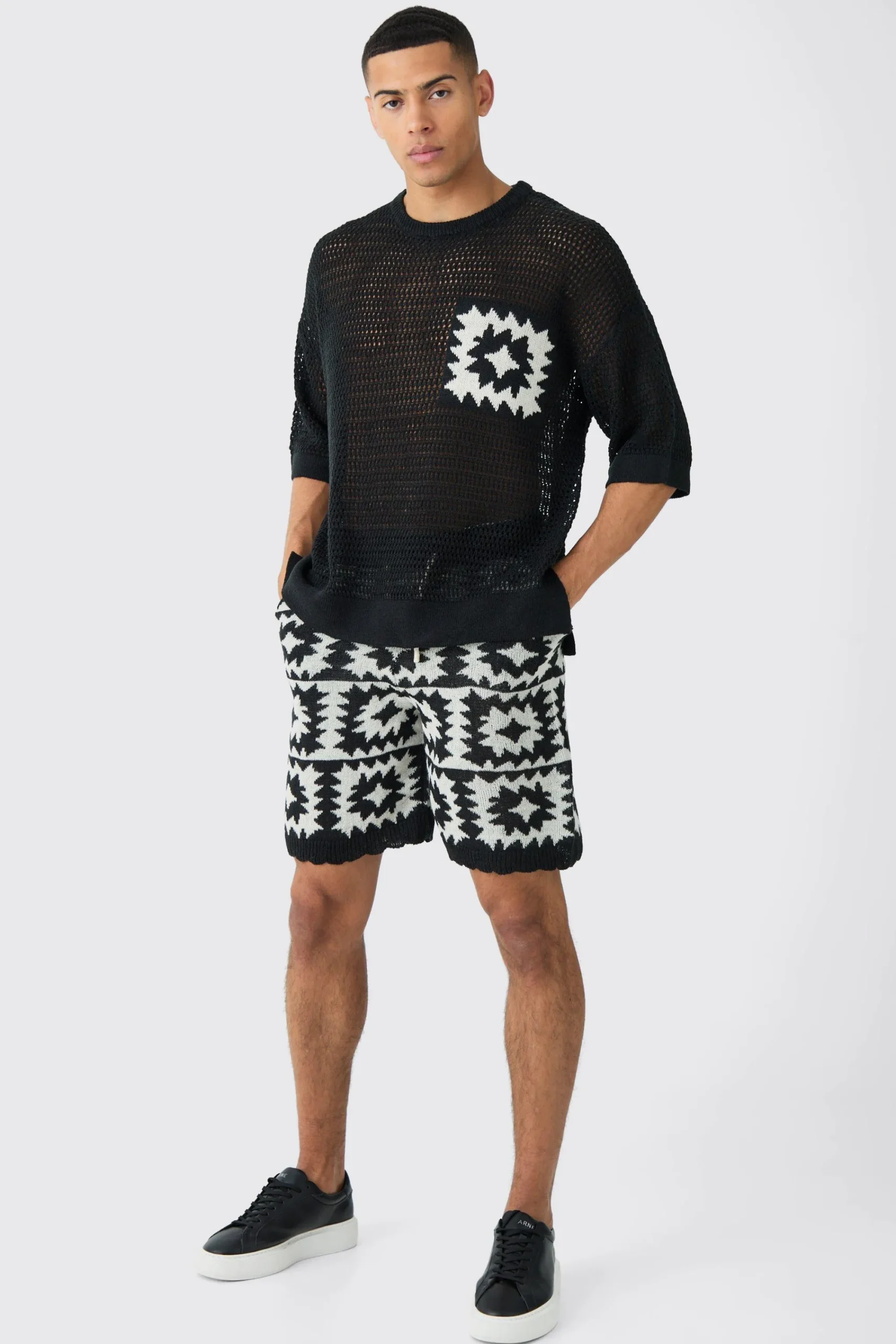 boohooMAN Oversized Open Stitch Crochet Short Knitted Set | UK| Sets & Co-Ords