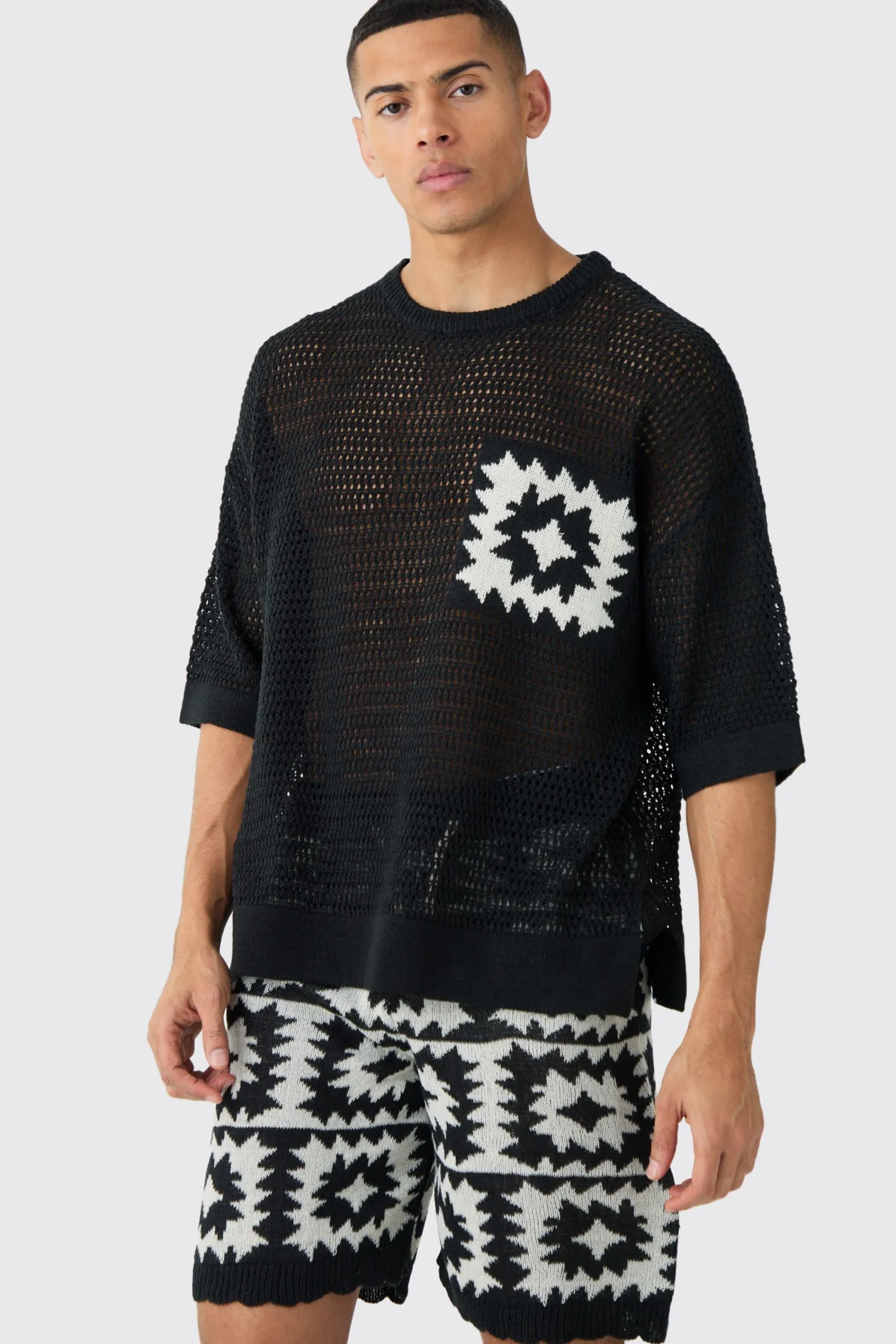 boohooMAN Oversized Open Stitch Crochet Short Knitted Set | UK| Sets & Co-Ords