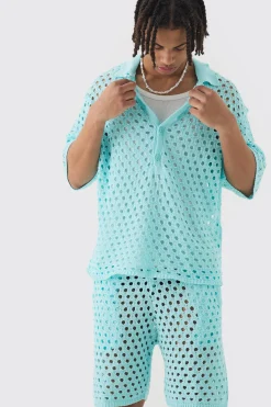 boohooMAN Oversized Open Stitch Polo & Short Set | UK| Sets & Co-Ords
