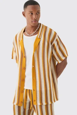 boohooMAN Oversized Open Stitch Stripe Knit Shirt In | UK| Shirts