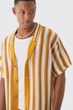 boohooMAN Oversized Open Stitch Stripe Knit Shirt In | UK| Shirts