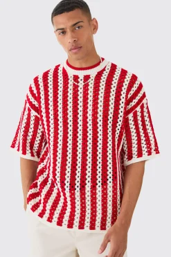 Oversized Open Stitch Stripe Knitted T-shirt | UK^boohooMAN Clearance