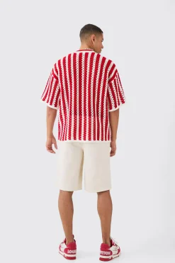 Oversized Open Stitch Stripe Knitted T-shirt | UK^boohooMAN Clearance