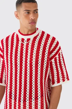 Oversized Open Stitch Stripe Knitted T-shirt | UK^boohooMAN Clearance