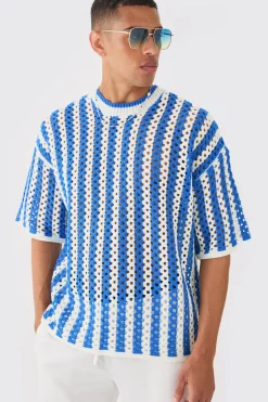 Oversized Open Stitch Stripe Knitted T-shirt | UK^boohooMAN Discount
