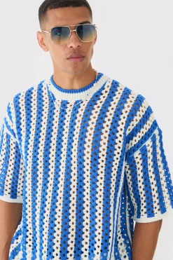Oversized Open Stitch Stripe Knitted T-shirt | UK^boohooMAN Discount