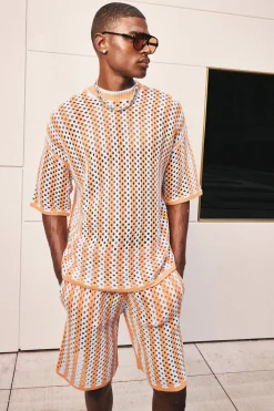 boohooMAN Oversized Open Stitch Stripe Knitted T-shirt | UK| Sets & Co-Ords