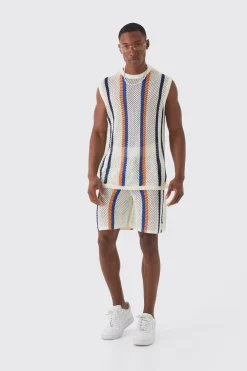 Oversized Open Stitch Stripe Knitted Tank Set | UK^boohooMAN Best