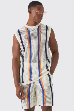 Oversized Open Stitch Stripe Knitted Tank Set | UK^boohooMAN Best