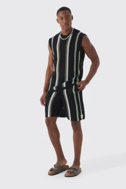 Oversized Open Stitch Stripe Knitted Tank Set | UK^boohooMAN Online