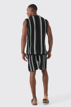 Oversized Open Stitch Stripe Knitted Tank Set | UK^boohooMAN Online