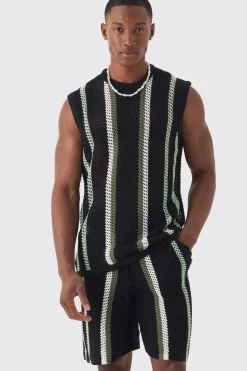Oversized Open Stitch Stripe Knitted Tank Set | UK^boohooMAN Online