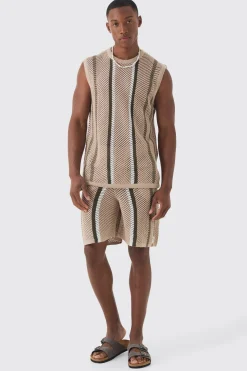 Oversized Open Stitch Stripe Knitted Tank Set | UK^boohooMAN Best
