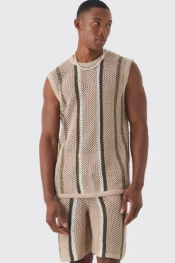 Oversized Open Stitch Stripe Knitted Tank Set | UK^boohooMAN Best