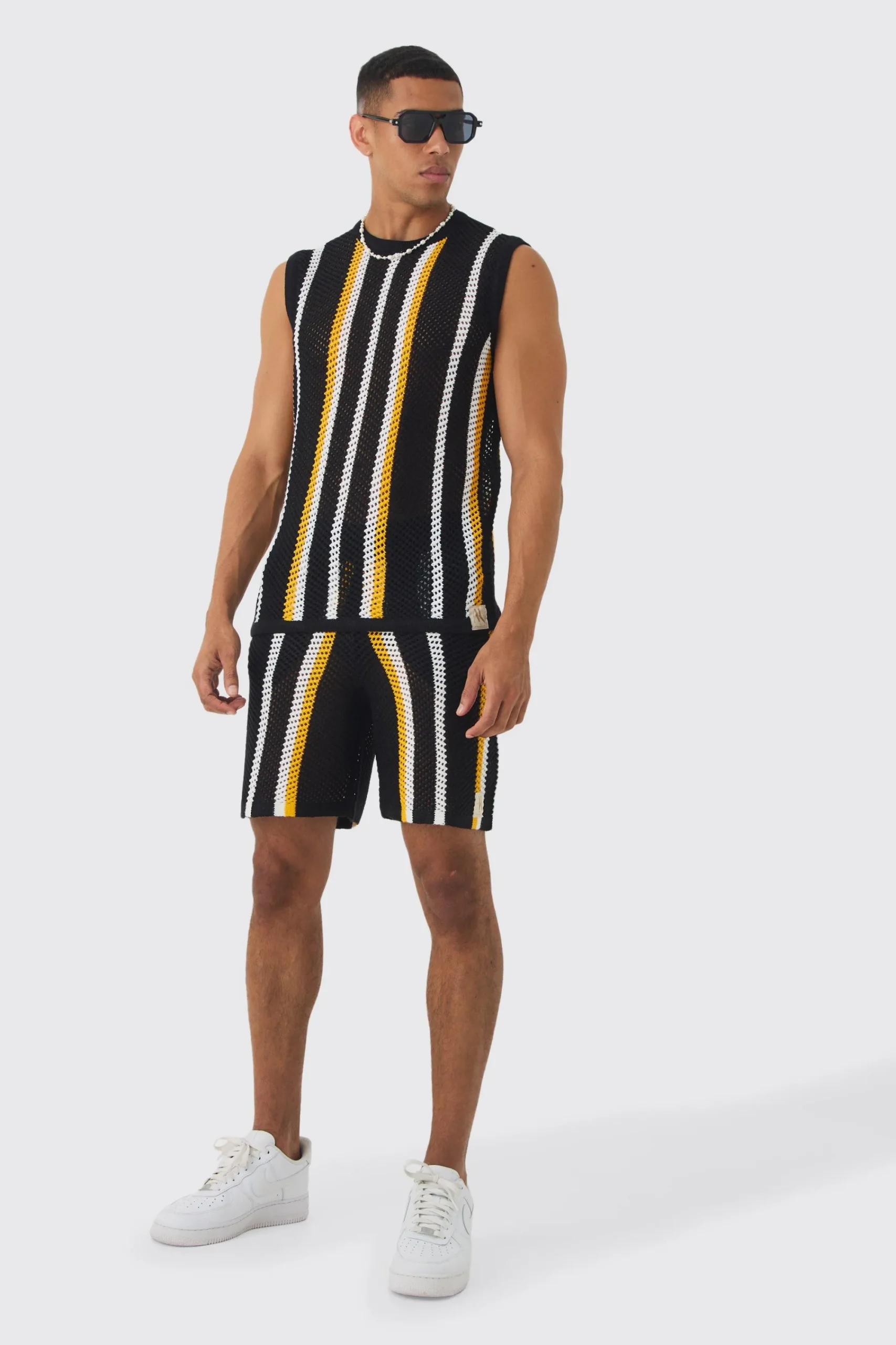 Oversized Open Stitch Stripe Knitted Tank Set | UK^boohooMAN