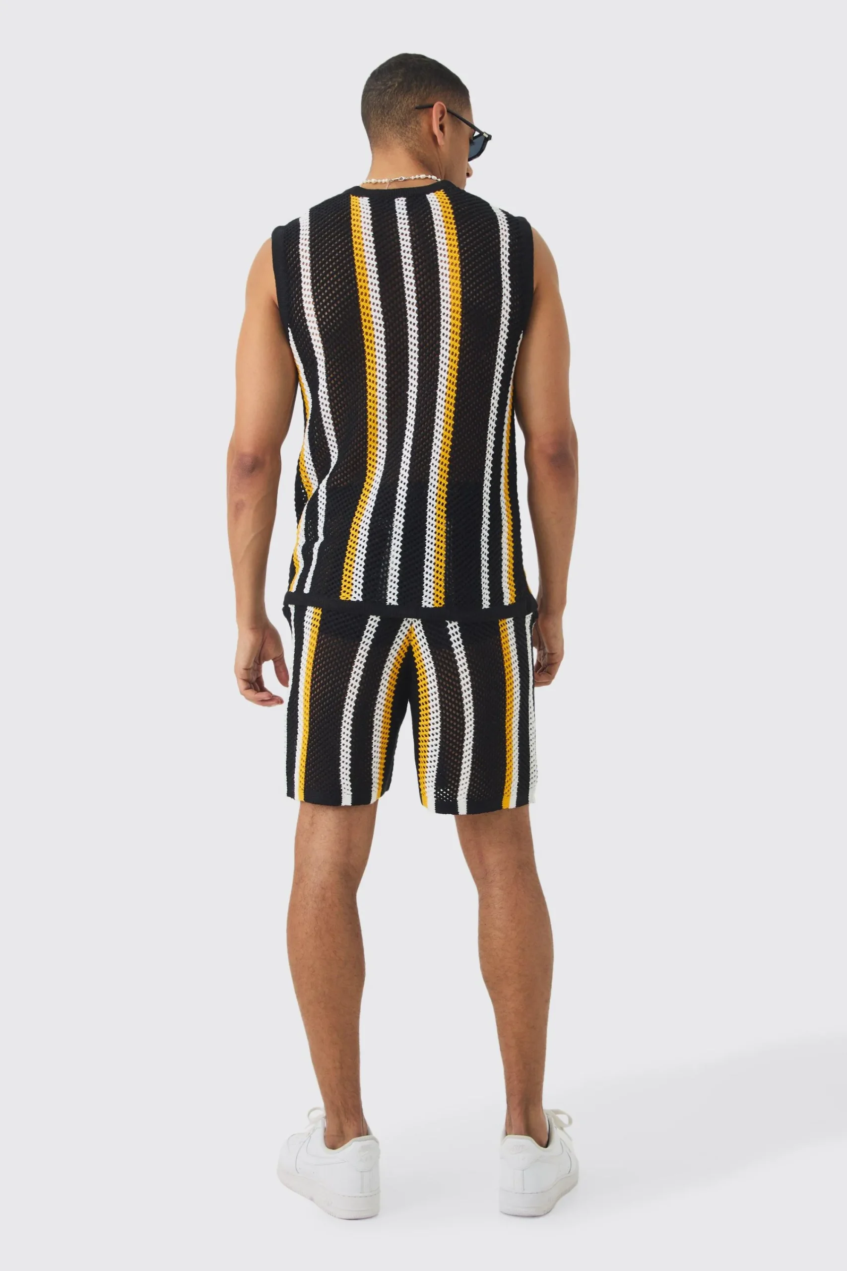Oversized Open Stitch Stripe Knitted Tank Set | UK^boohooMAN