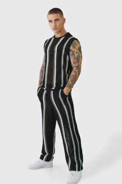 Oversized Open Stitch Stripe Knitted Tank & Trouser Set | UK^boohooMAN Hot