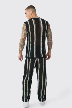 Oversized Open Stitch Stripe Knitted Tank & Trouser Set | UK^boohooMAN Hot