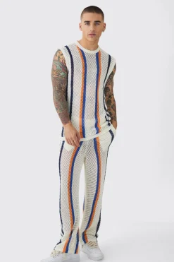 Oversized Open Stitch Stripe Knitted Tank & Trouser Set | UK^boohooMAN New