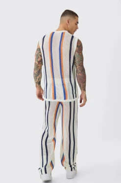 Oversized Open Stitch Stripe Knitted Tank & Trouser Set | UK^boohooMAN New