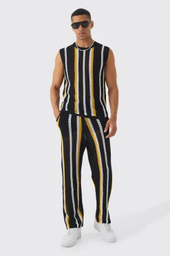 Oversized Open Stitch Stripe Knitted Tank & Trouser Set | UK^boohooMAN Sale