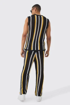 Oversized Open Stitch Stripe Knitted Tank & Trouser Set | UK^boohooMAN Sale