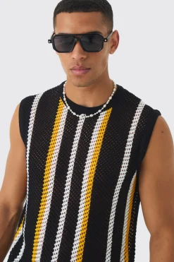 Oversized Open Stitch Stripe Knitted Tank & Trouser Set | UK^boohooMAN Sale