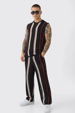 Oversized Open Stitch Stripe Knitted Tank & Trouser Set | UK^boohooMAN Outlet