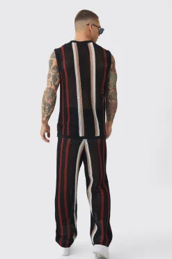 Oversized Open Stitch Stripe Knitted Tank & Trouser Set | UK^boohooMAN Outlet