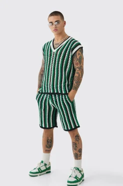 boohooMAN Oversized Open Stitch Stripe V Neck Tank And Short Set | UK| Sets & Co-Ords|Tracksuits