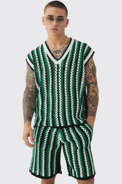boohooMAN Oversized Open Stitch Stripe V Neck Tank And Short Set | UK| Sets & Co-Ords|Tracksuits