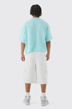 Oversized Open Stitch Tonal Varsity Knitted T-shirt | UK^boohooMAN Online